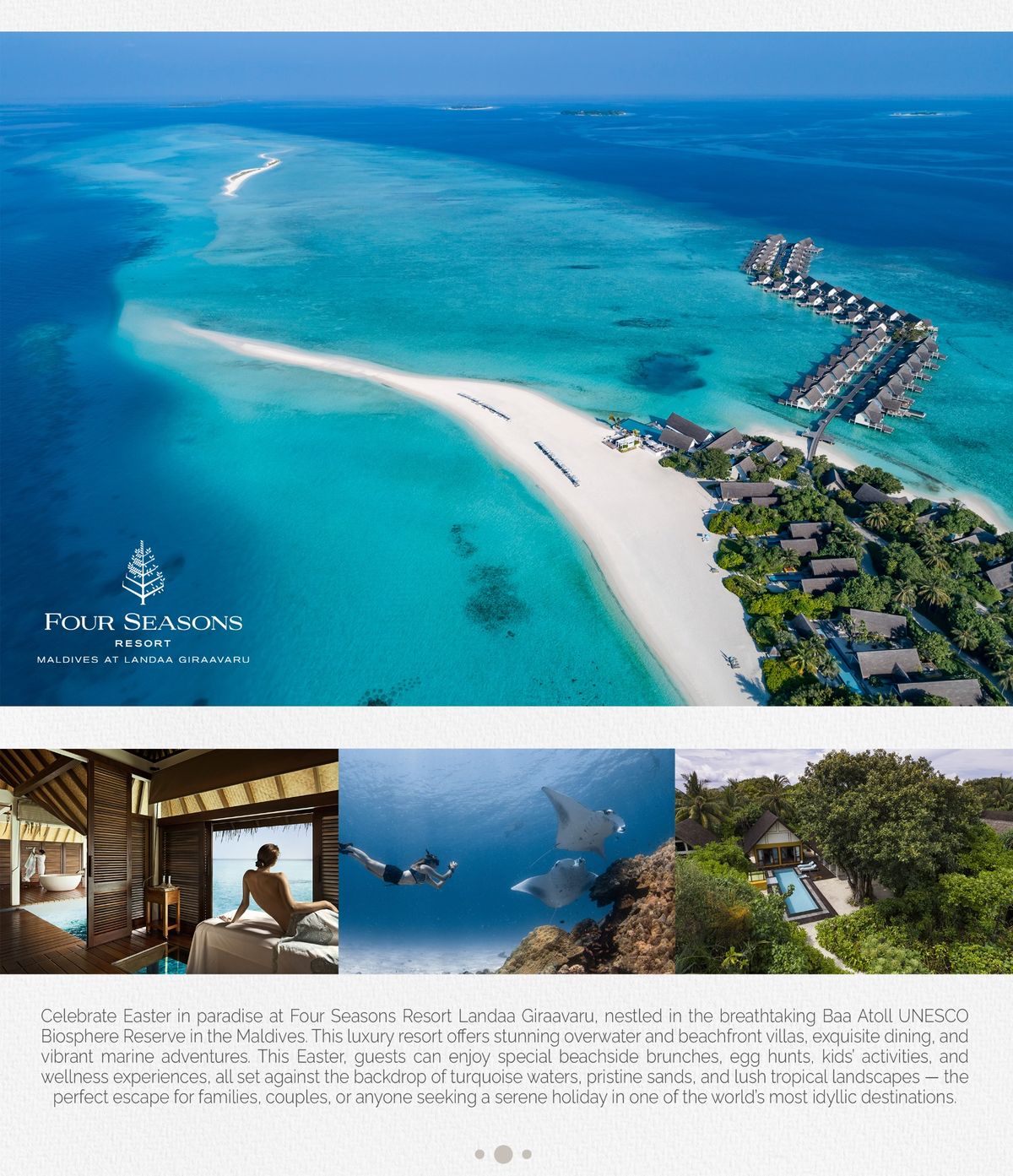 Aerial view of Four Seasons Resort Maldives at Landaa Giraavaru with overwater villas and turquoise lagoon