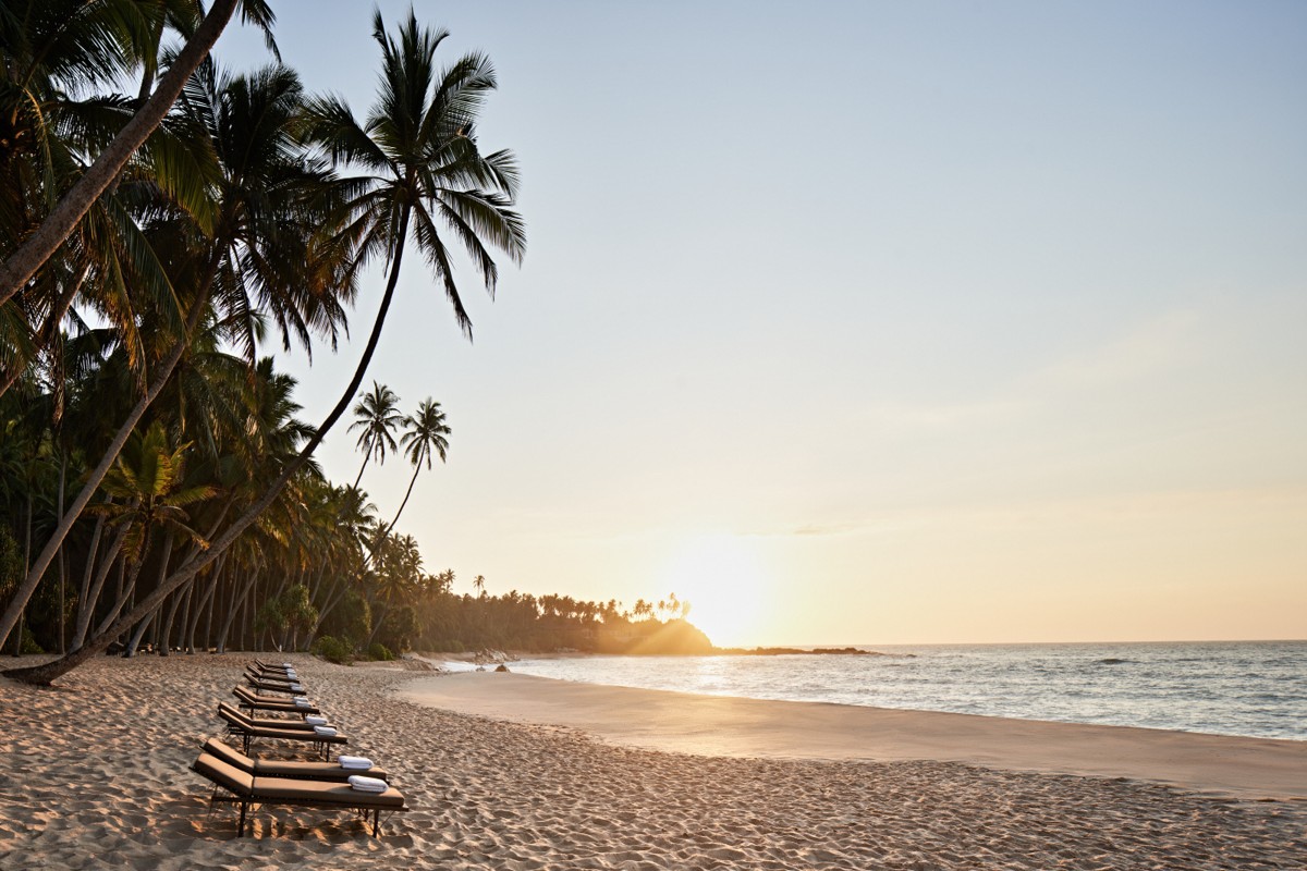 Luxury beach at Amanwella Sri Lanka with palm trees and sunset over the ocean