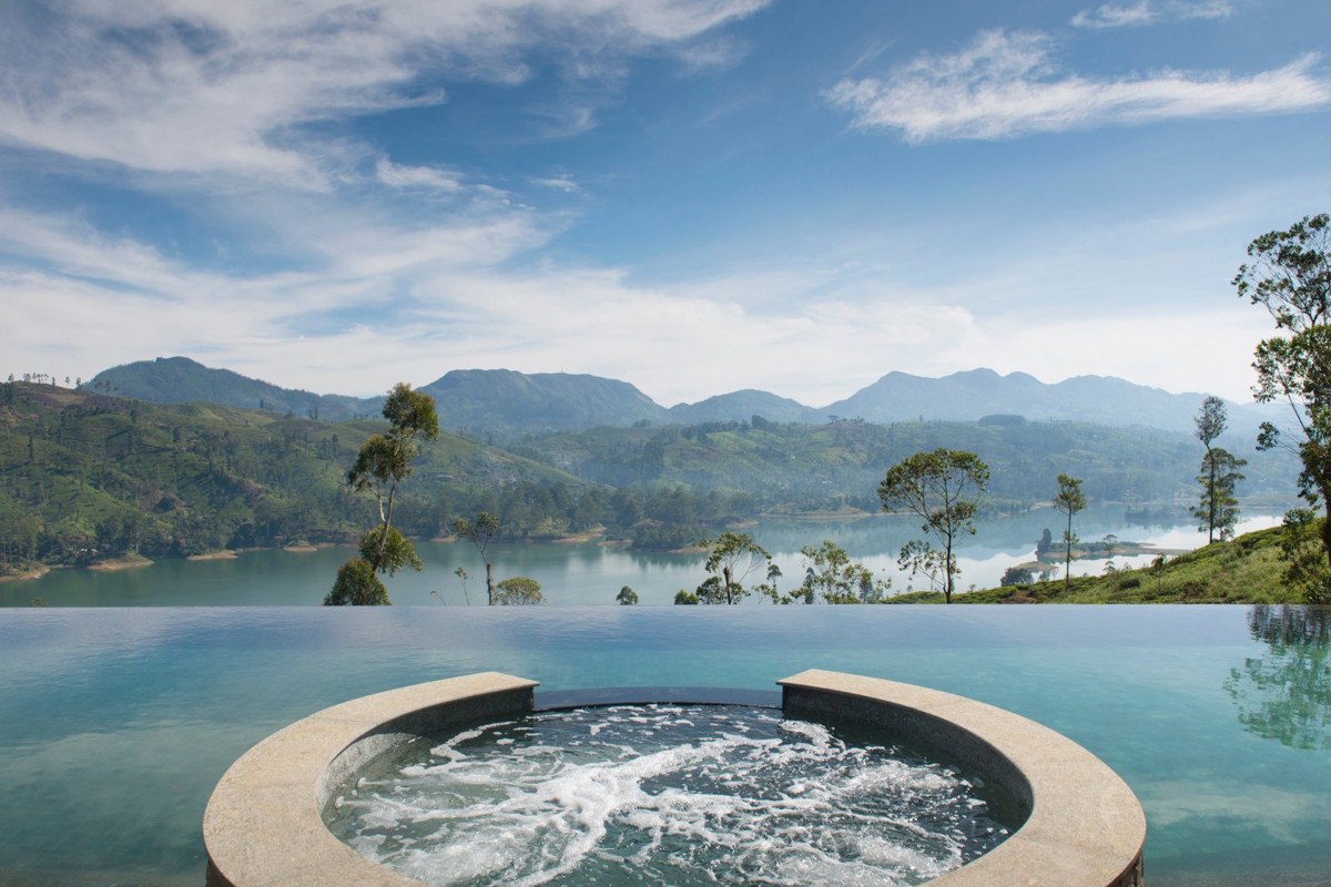 Infinity pool overlooking tea plantations and mountains in Sri Lanka luxury resort