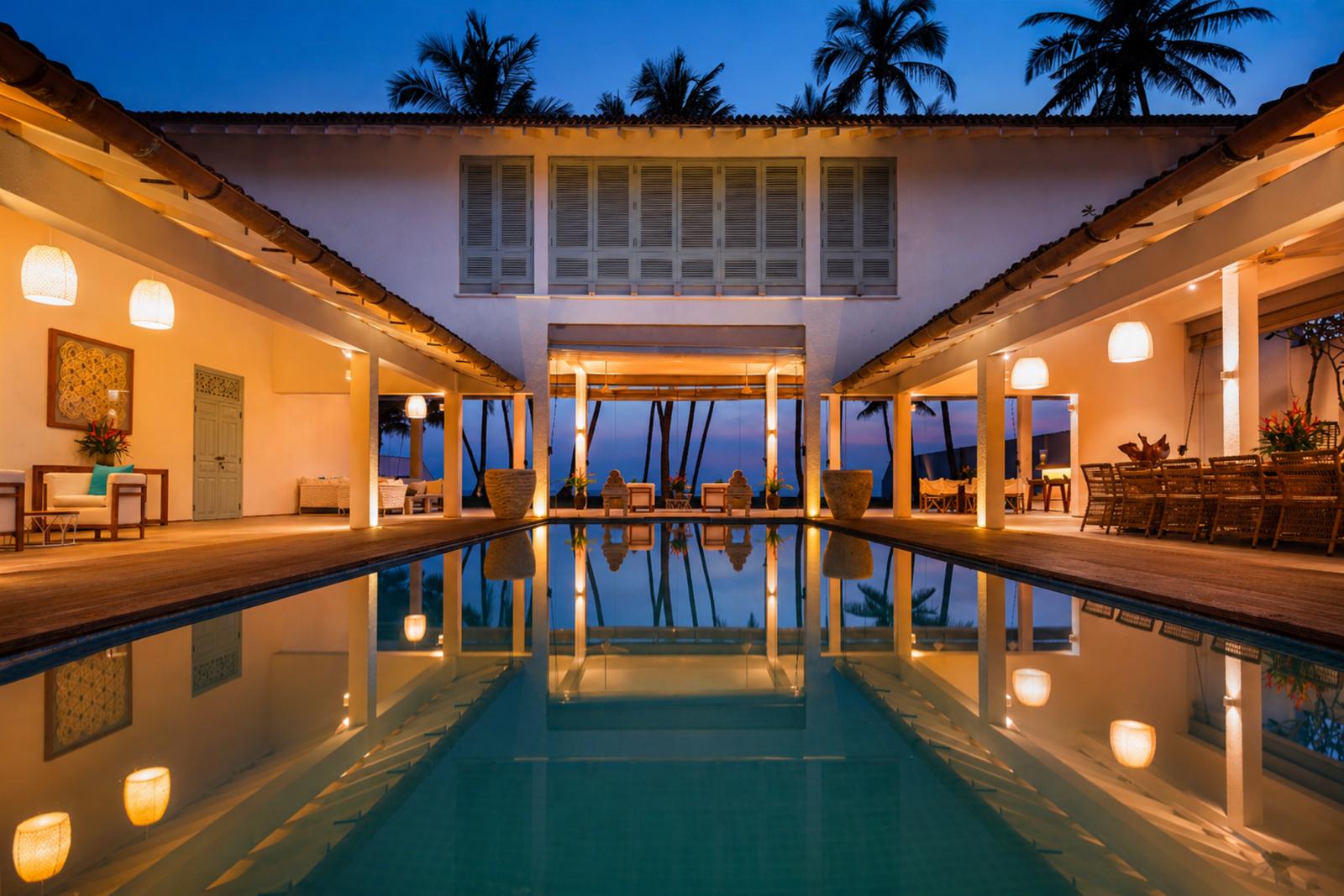 Elegant colonial-style villa with symmetrical architecture, central fountain, and lush greenery in Sri Lanka