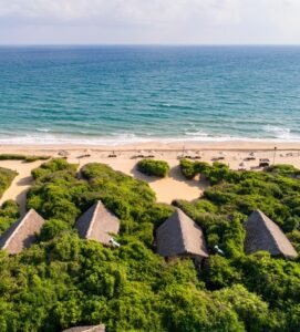 Secluded beachfront villas surrounded by lush greenery at Uga Jungle Beach, Sri Lanka, overlooking the Indian Ocean