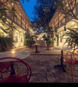 Boutique hotel courtyard inside Galle Fort with colonial architecture at Fort Bazaar Sri Lanka