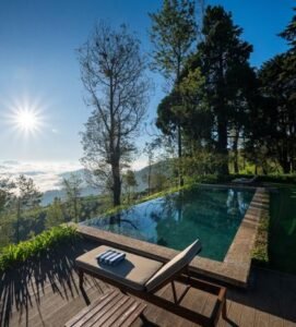 Goatfell Hotel in Nuwara Eliya overlooking lush tea plantations with colonial-style architecture